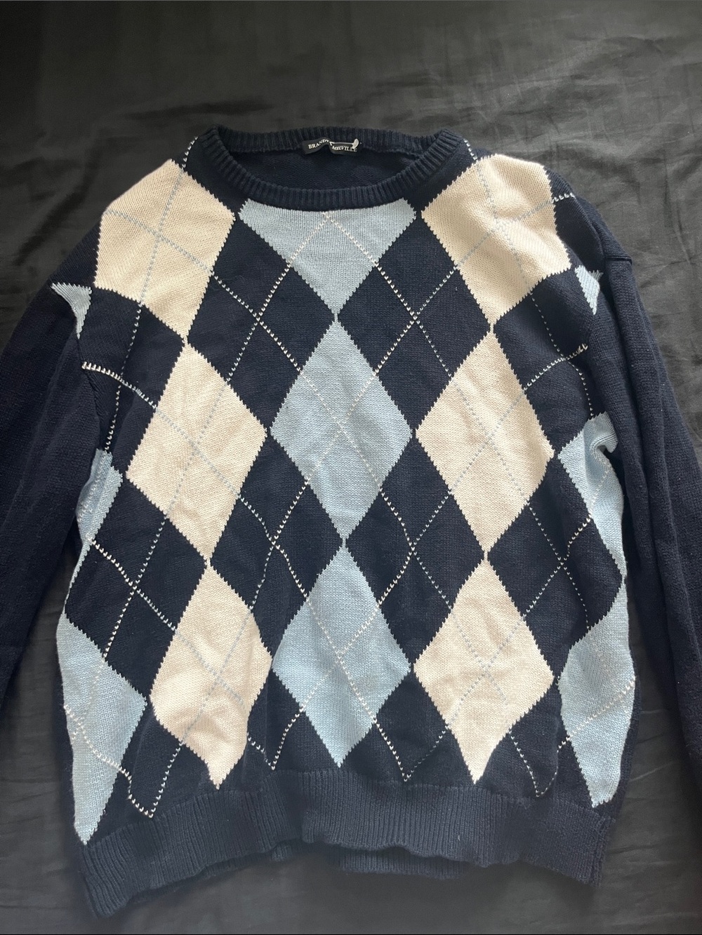 Brandy Melville Navy, Light Blue & Cream Argyle Crewneck Sweater
